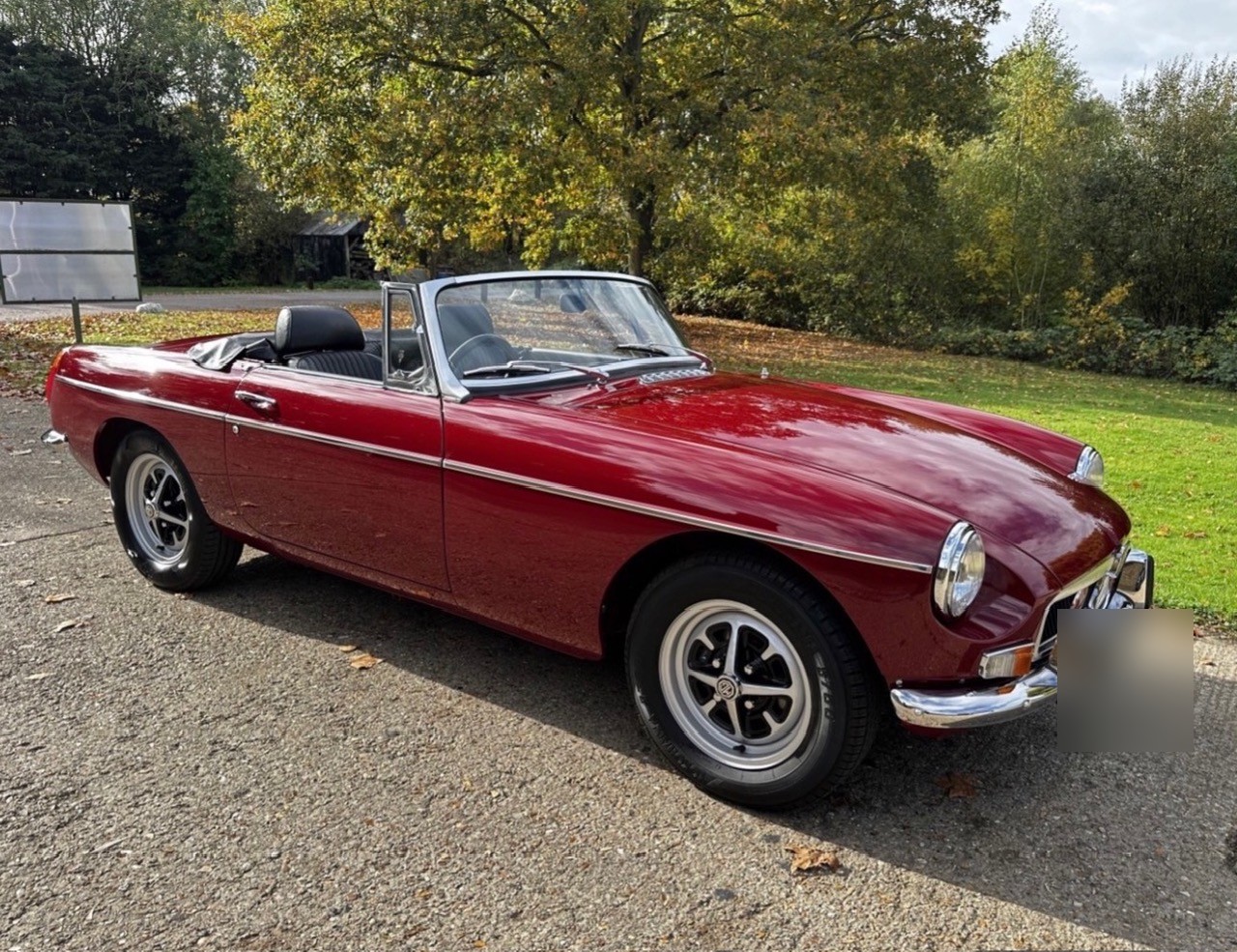 A dark red MGB roadster with the hood down, parked on grass with autumn trees behind