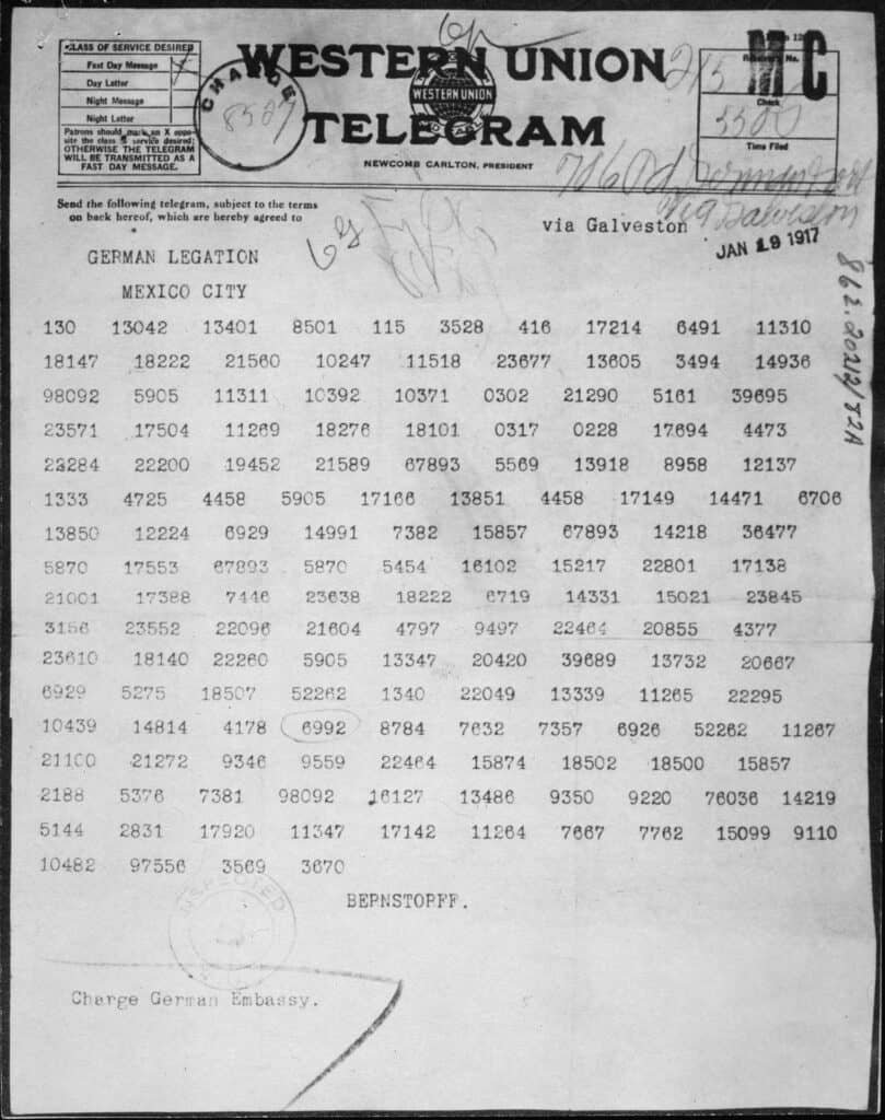 Zimmermann Telegram as Received by the German Ambassador to Mexico NARA 302025