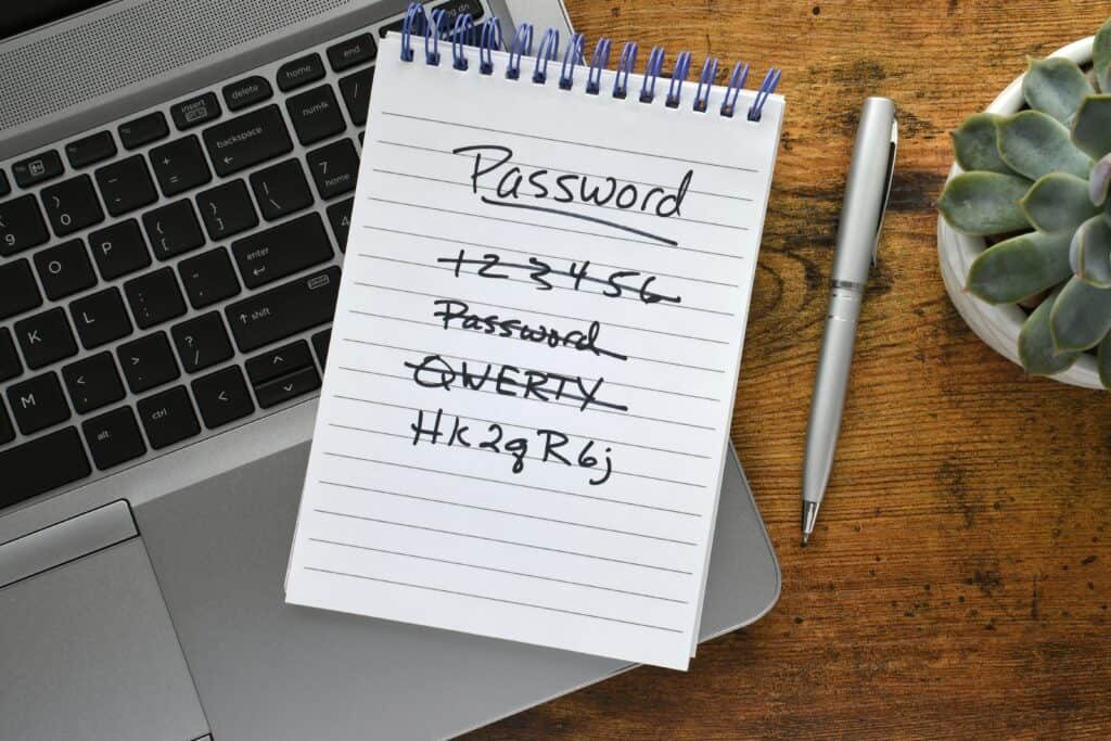 Laptop with notepad with passwords written on it - Strengthen your passwords