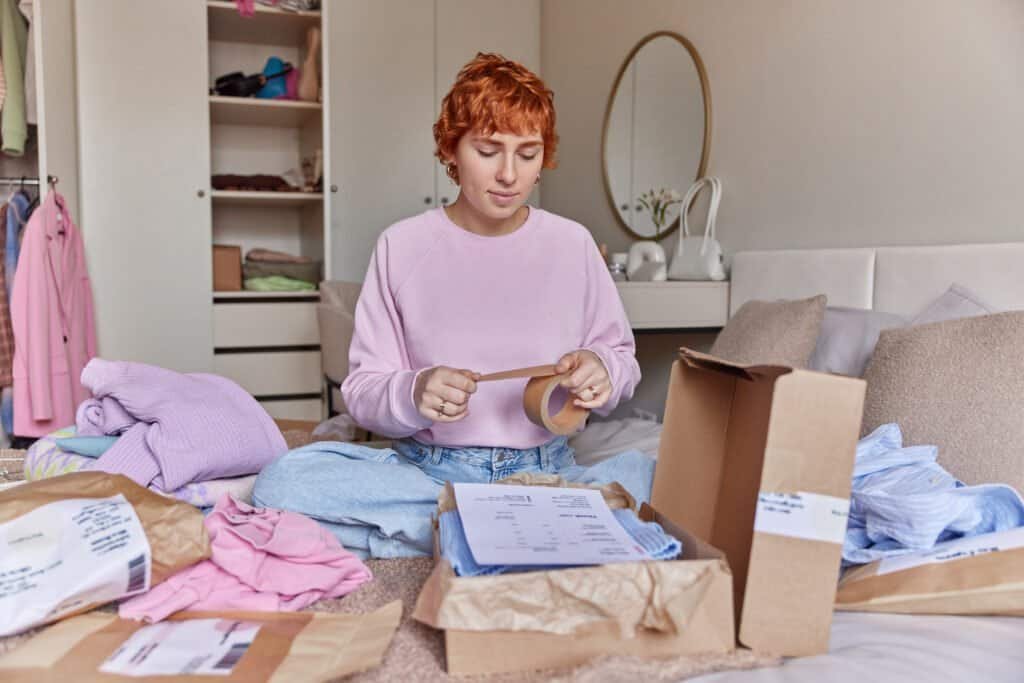 Online selling and shopping on Gumtree. Redhead woman packs clothes in carton boxes prepares parcel for delivering for customer uses scotch sits on comfortable bed against home interior.