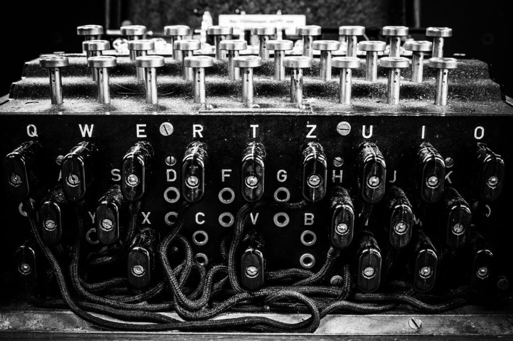 A grayscale shot of the plugboard of a rare German World War II Enigma machine at Bletchley Park