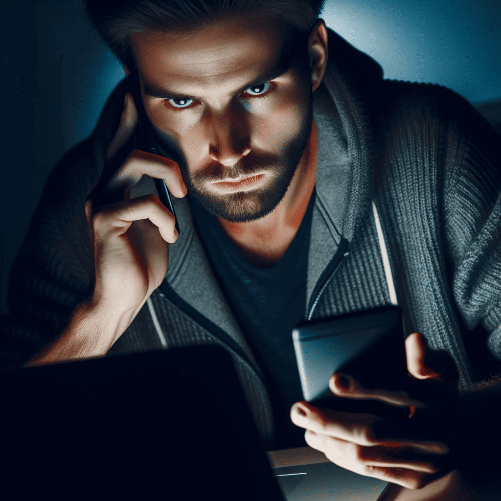 Sinister looking male scammer using a laptop and smart devices with a beard, in a dark room, creating TikTok Scams