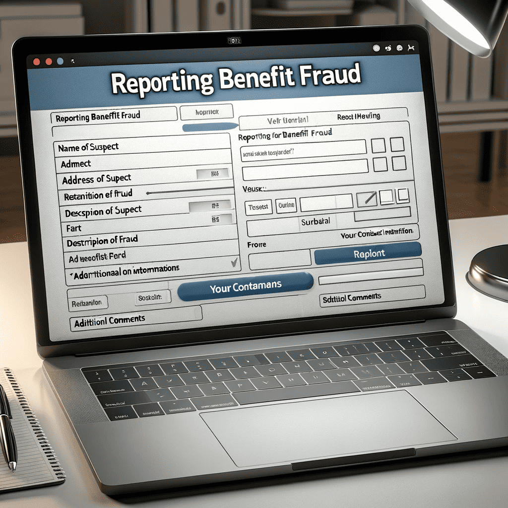 DALL·E 2023 12 22 14.54.29 A realistic digital image of an open laptop displaying a web form titled Reporting Benefit Fraud. The form is detailed with various fields such as