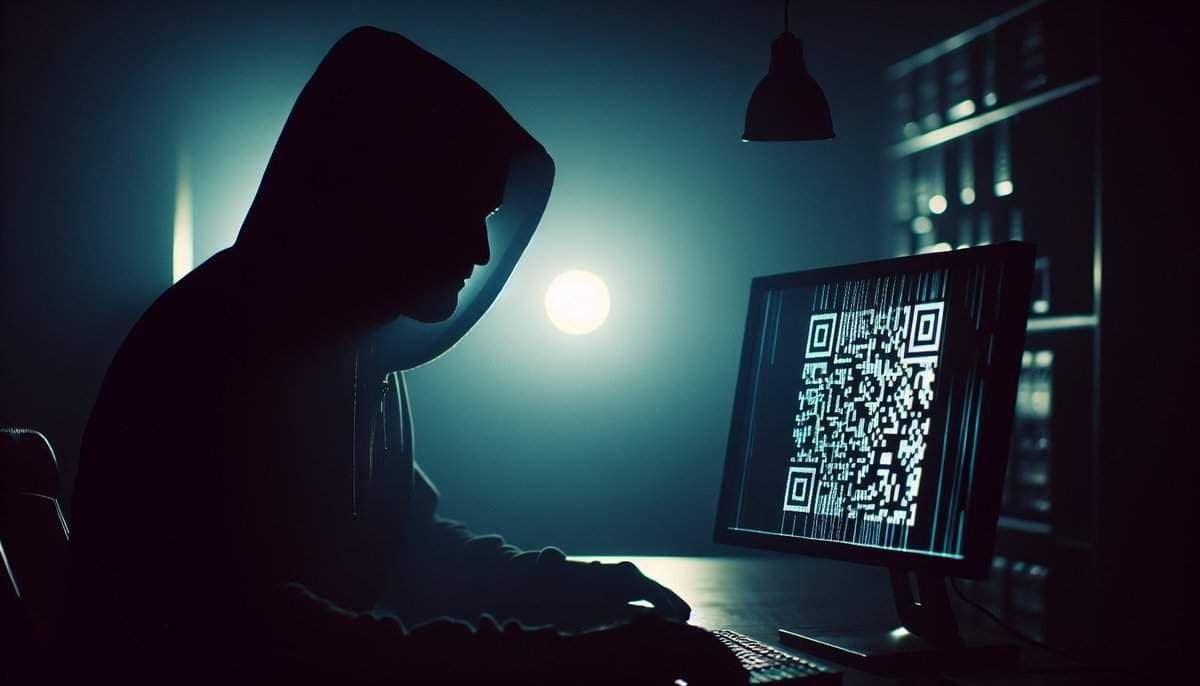 A hacker creating a fake QR code for a qushing attack