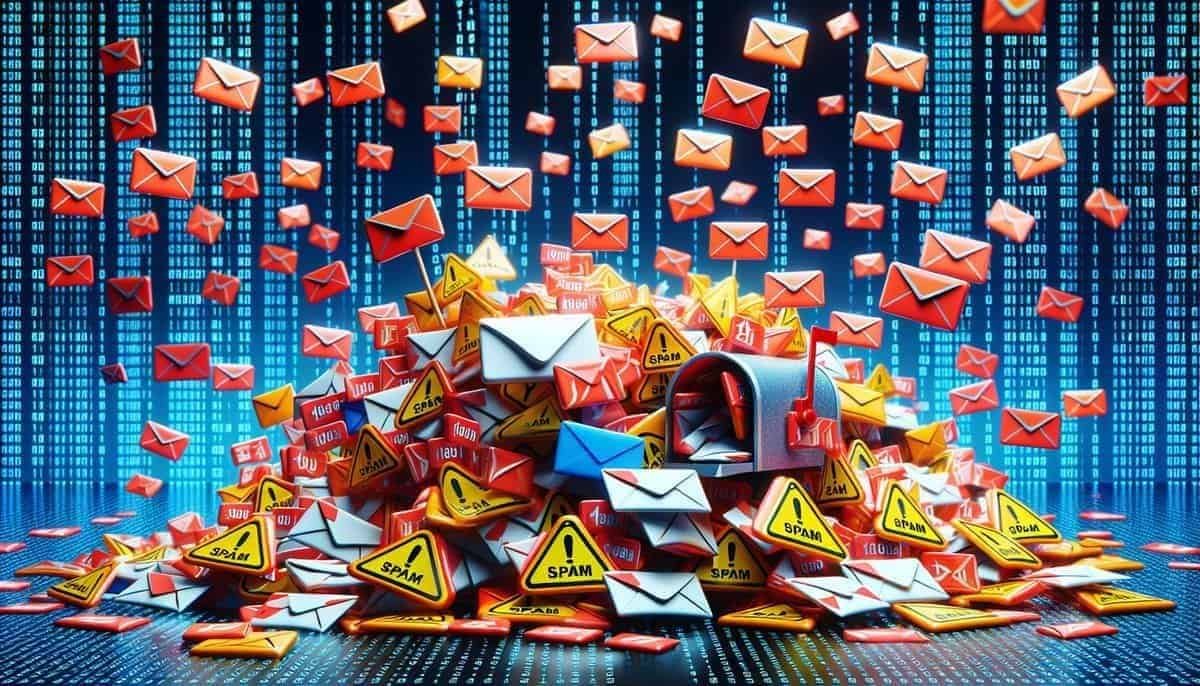 Illustration of a cluttered email inbox with spam emails, Learn how to stop spam emails on iphone