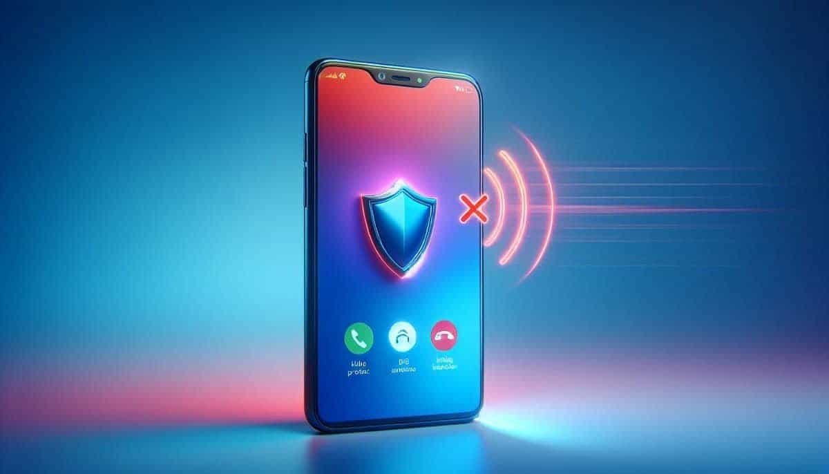 Blocking unwanted scam calls dipicted by a smartphone with blue screen