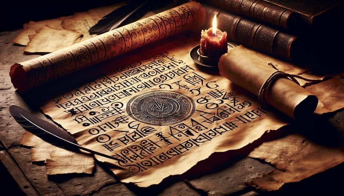 Illustration of an ancient scroll with mysterious symbols and codes, that represents the history of code breaking