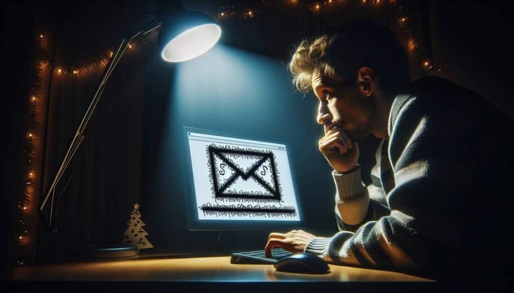 White male looking at a computer screen with a mail sign on the screen. Depicting Royal Mail scams