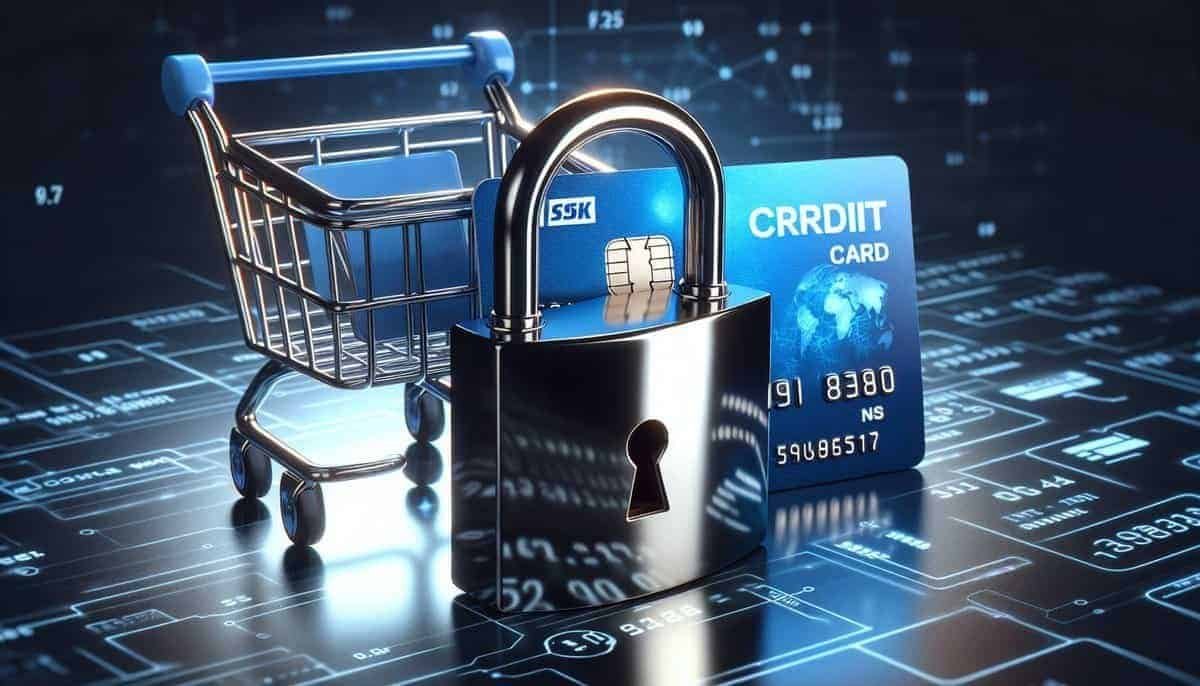 A secure padlock symbol next to a credit card and a shopping cart