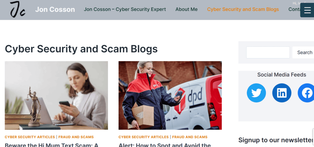 Joncosson.com blog page, full of useful cyber security and scammer articals