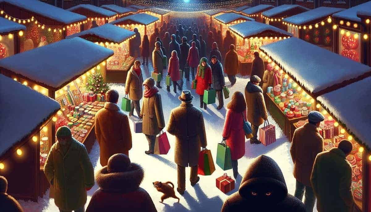 Illustration of a crowded shopping area during the festive season - EE Scam