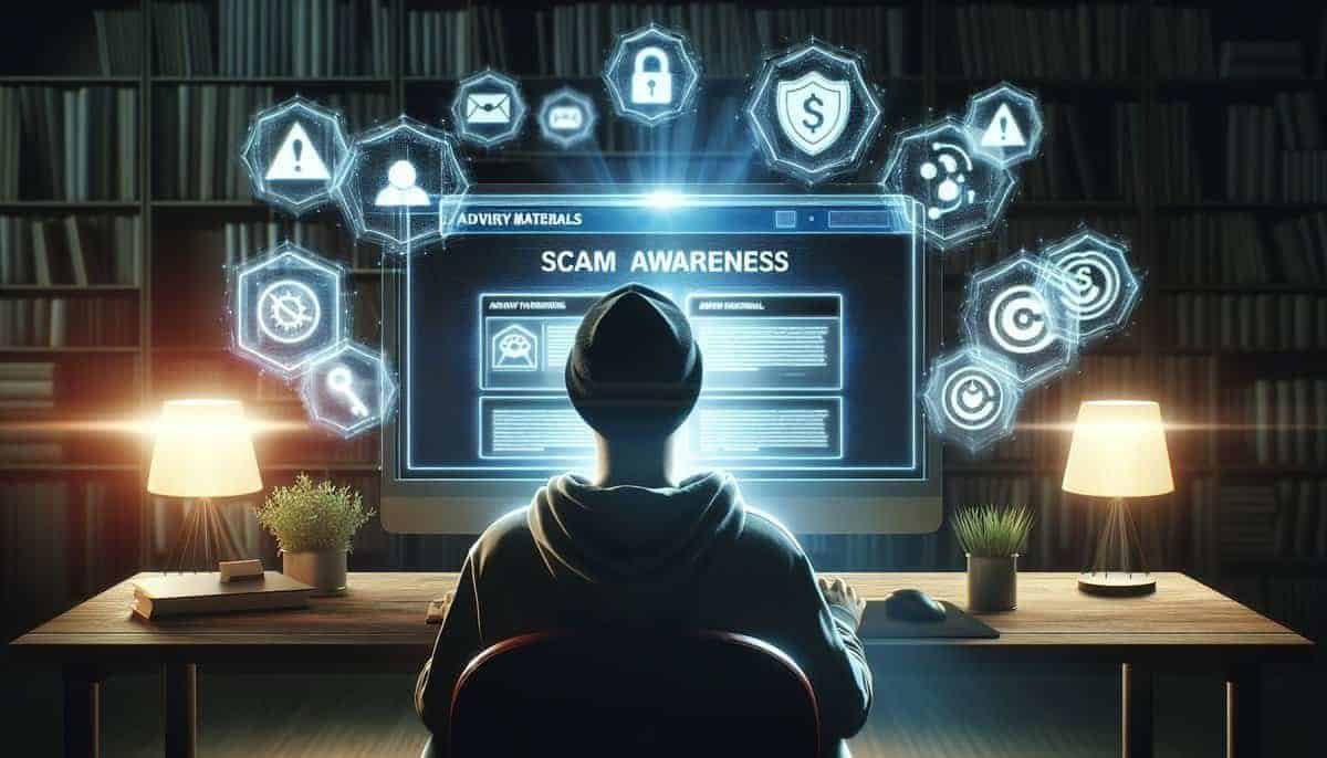 Illustration of a person accessing free scam awareness resources