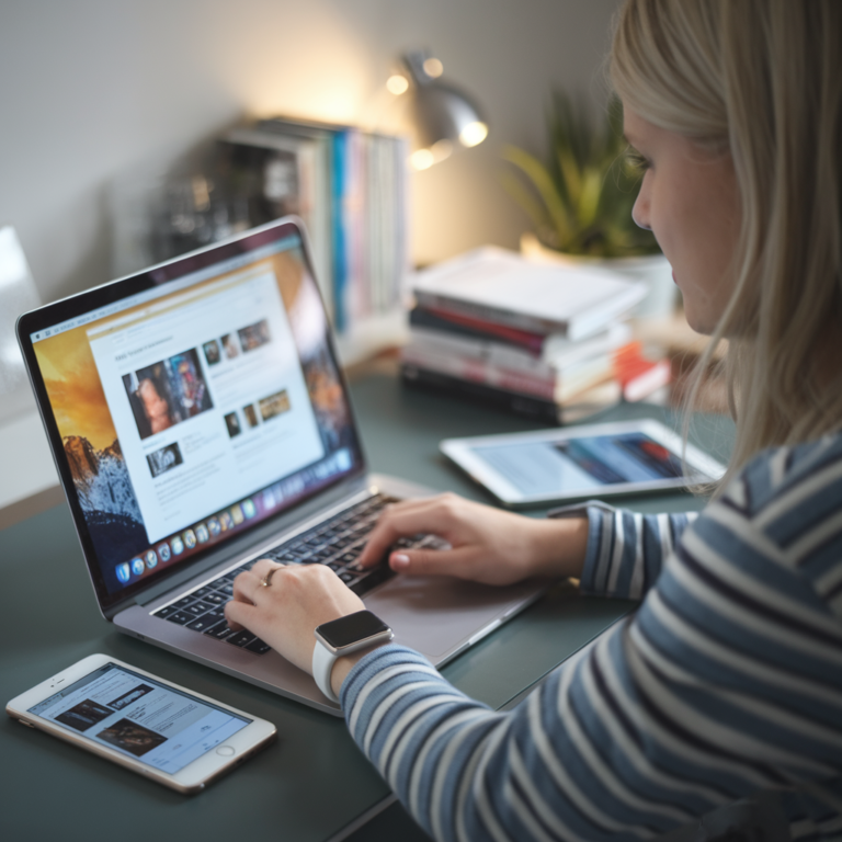 a woman using a laptop and a phone - Online Secure