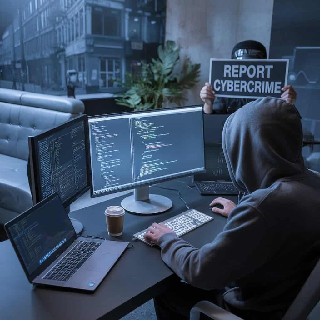 Cybercrime how to report - a person in a hoodie sitting at a desk with computers