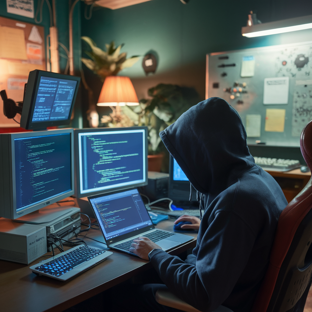 Cybercrime how to report - a person in a hoodie sitting at a desk with several computers