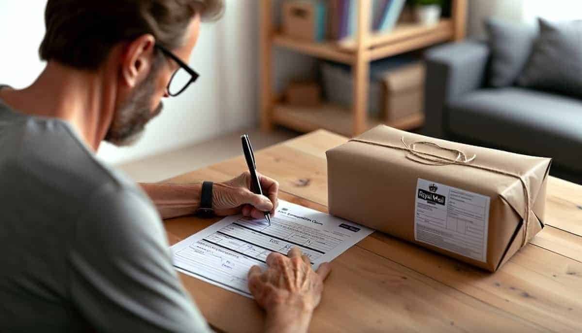 How to claim Royal Mail compensation claim form with pen and package